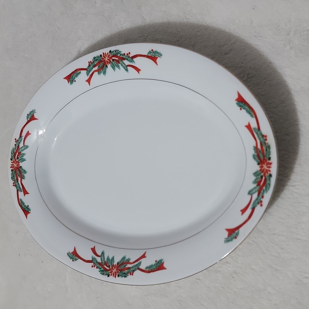 Vinatge Poinsettia and Ribbons Fine China Christmas Oval Platter - Picture 2 of 5